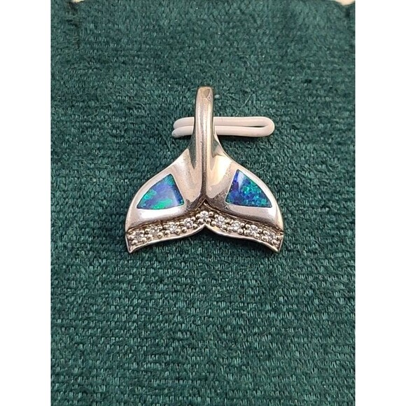 Sterling Silver Dolphin Tail Pendant Lab Opal Inlay 925 Ocean Jewelry Gift - Picture 1 of 5